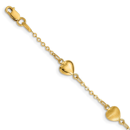 14K Yellow Gold Brushed & Polished Hearts 7 Inch Bracelet
