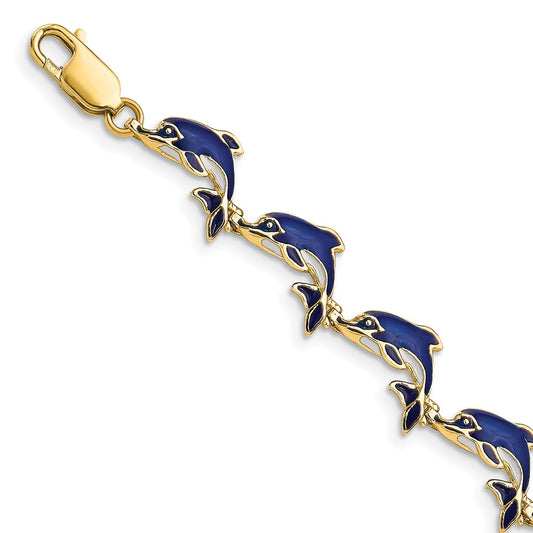 7.25 Inch 14K Enameled Dolphin Bracelet