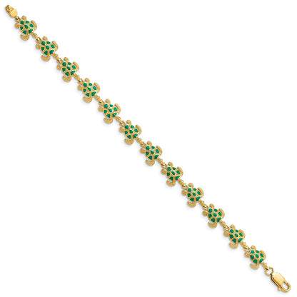 7 Inch 14K W/ Green Enamel Sea Turtle Bracelet