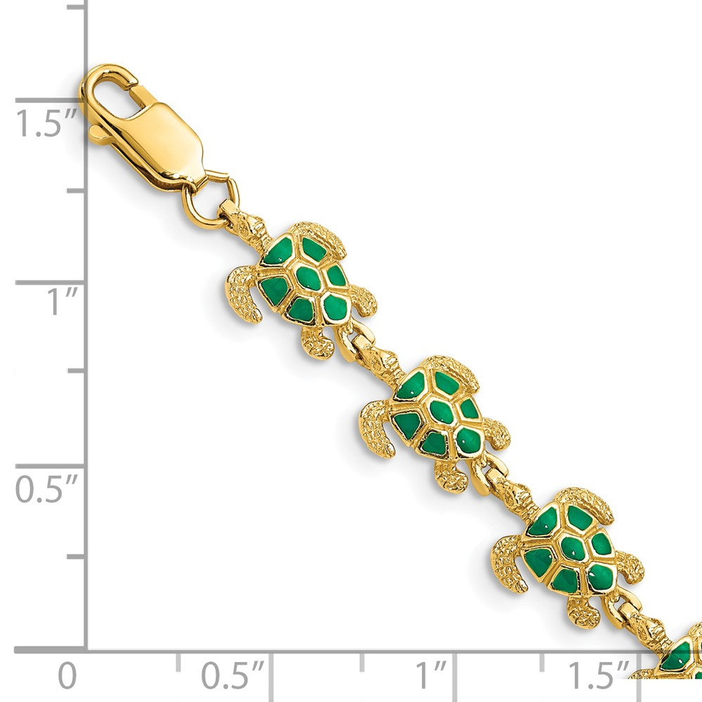 7 Inch 14K W/ Green Enamel Sea Turtle Bracelet