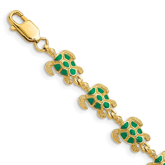 7 Inch 14K W/ Green Enamel Sea Turtle Bracelet