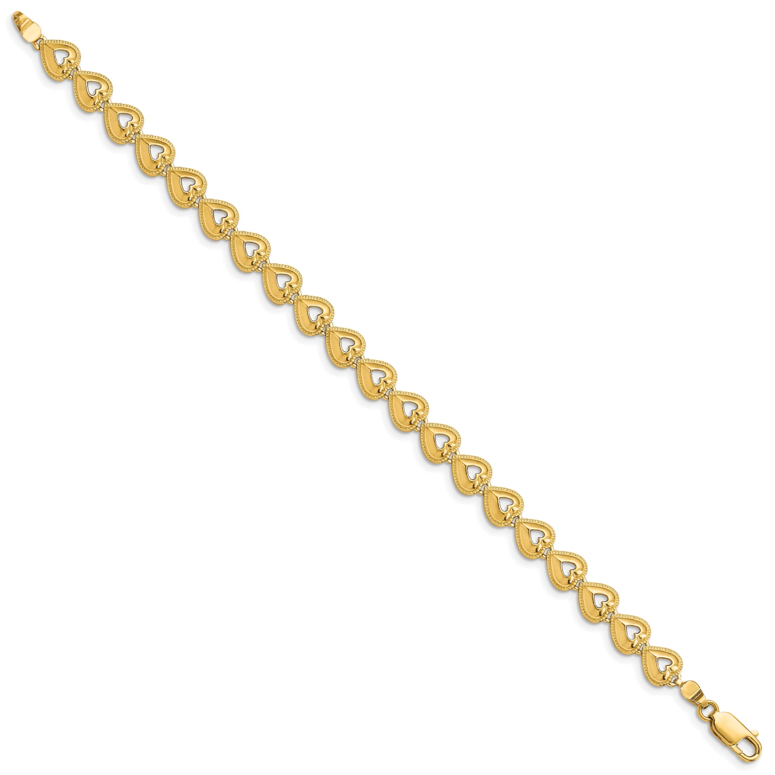 7 Inch 14K Polished Beaded Hearts Bracelet