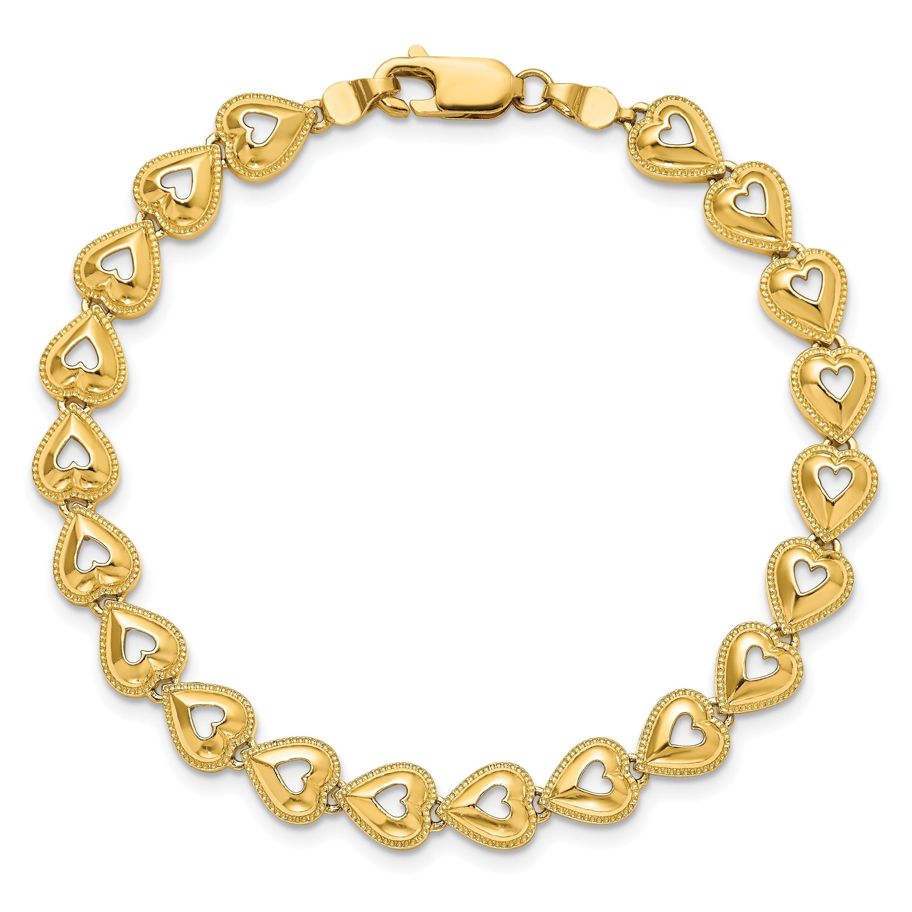 7 Inch 14K Polished Beaded Hearts Bracelet