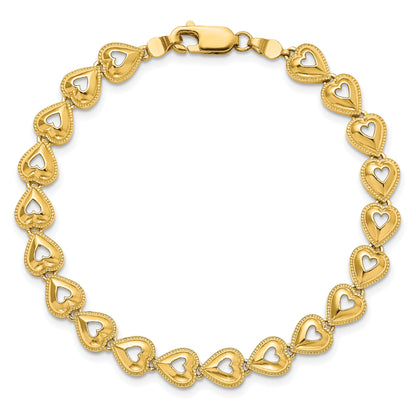 7 Inch 14K Polished Beaded Hearts Bracelet