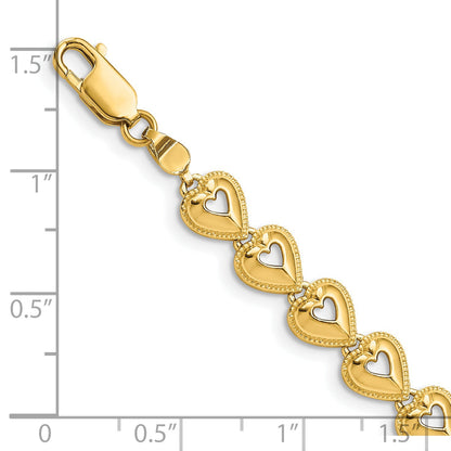 7 Inch 14K Polished Beaded Hearts Bracelet