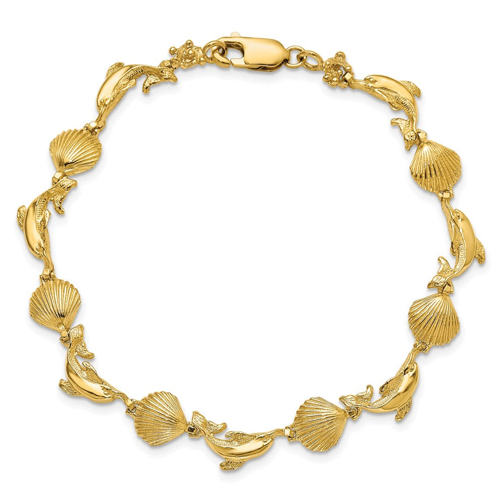 7.25 Inch 14K Dolphin And Shell Bracelet
