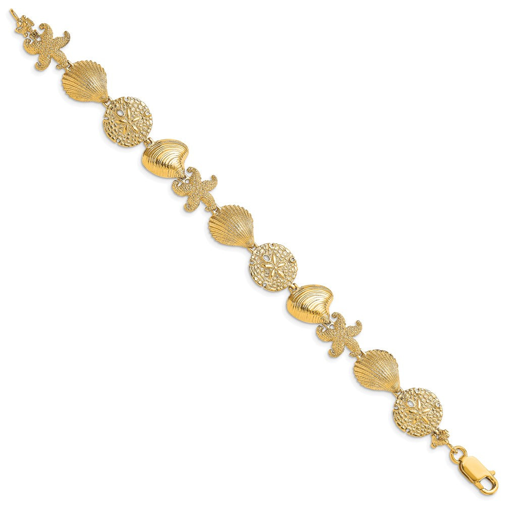 7.5 Inch 14K Starfish, Shell, Clam Link Bracelet