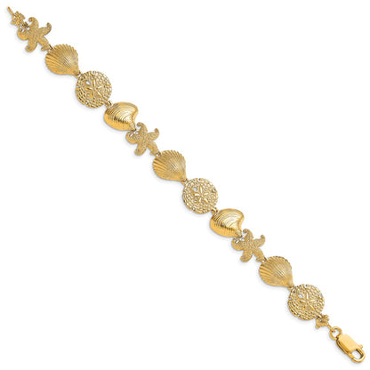 7.5 Inch 14K Starfish, Shell, Clam Link Bracelet