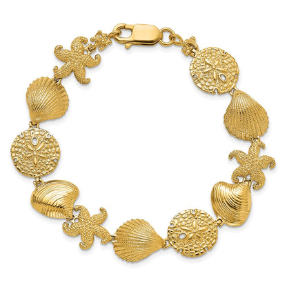 7.5 Inch 14K Starfish, Shell, Clam Link Bracelet