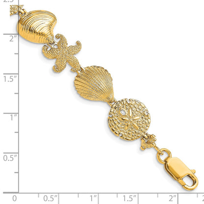 7.5 Inch 14K Starfish, Shell, Clam Link Bracelet