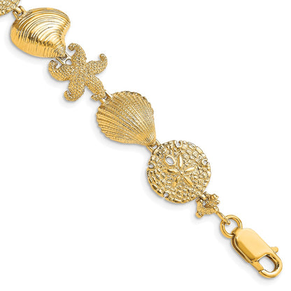 7.5 Inch 14K Starfish, Shell, Clam Link Bracelet