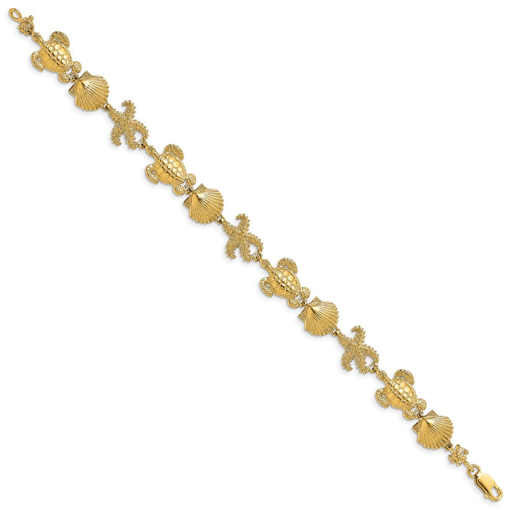 7.5 Inch 14K Polished Turtle, Shell And Starfish Bracelet