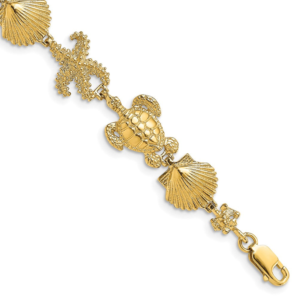 7.5 Inch 14K Polished Turtle, Shell And Starfish Bracelet