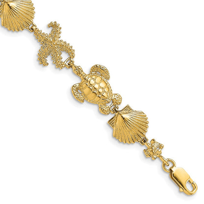 7.5 Inch 14K Polished Turtle, Shell And Starfish Bracelet