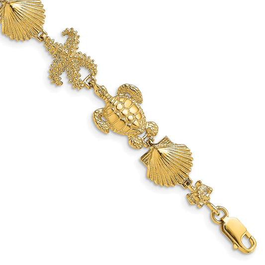 7.5 Inch 14K Polished Turtle, Shell And Starfish Bracelet
