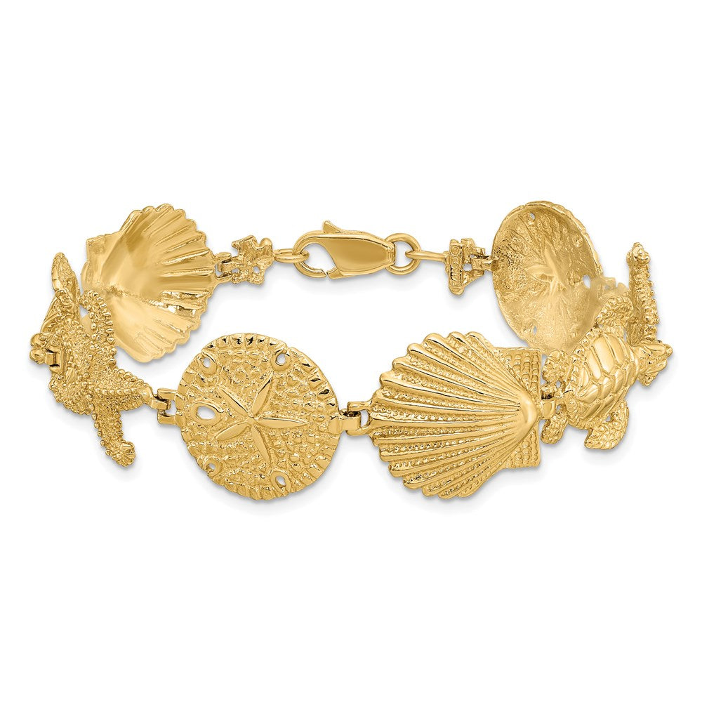 7 Inch 14K Polished Sand Dollar, Starfish, Turtle Link Bracelet