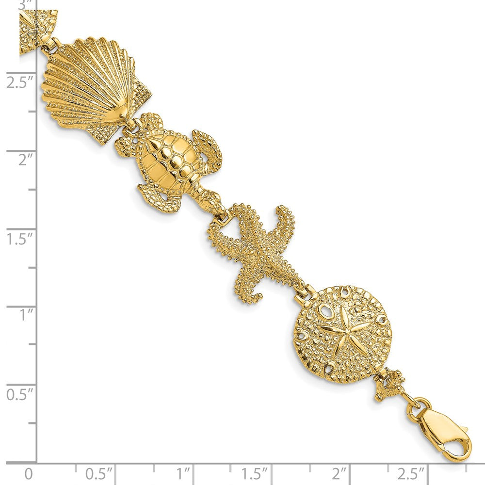 7 Inch 14K Polished Sand Dollar, Starfish, Turtle Link Bracelet