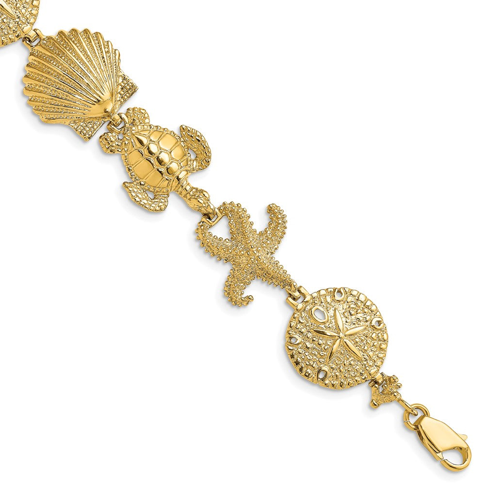 7 Inch 14K Polished Sand Dollar, Starfish, Turtle Link Bracelet