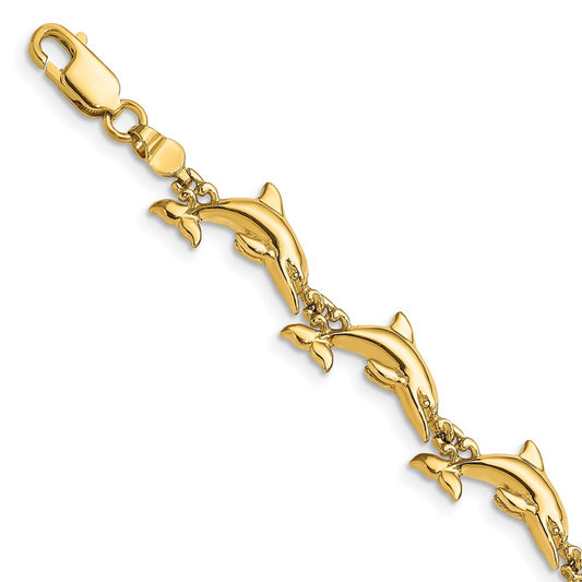 7 Inch 14K Polished 3-D Reversible Dolphin Bracelet