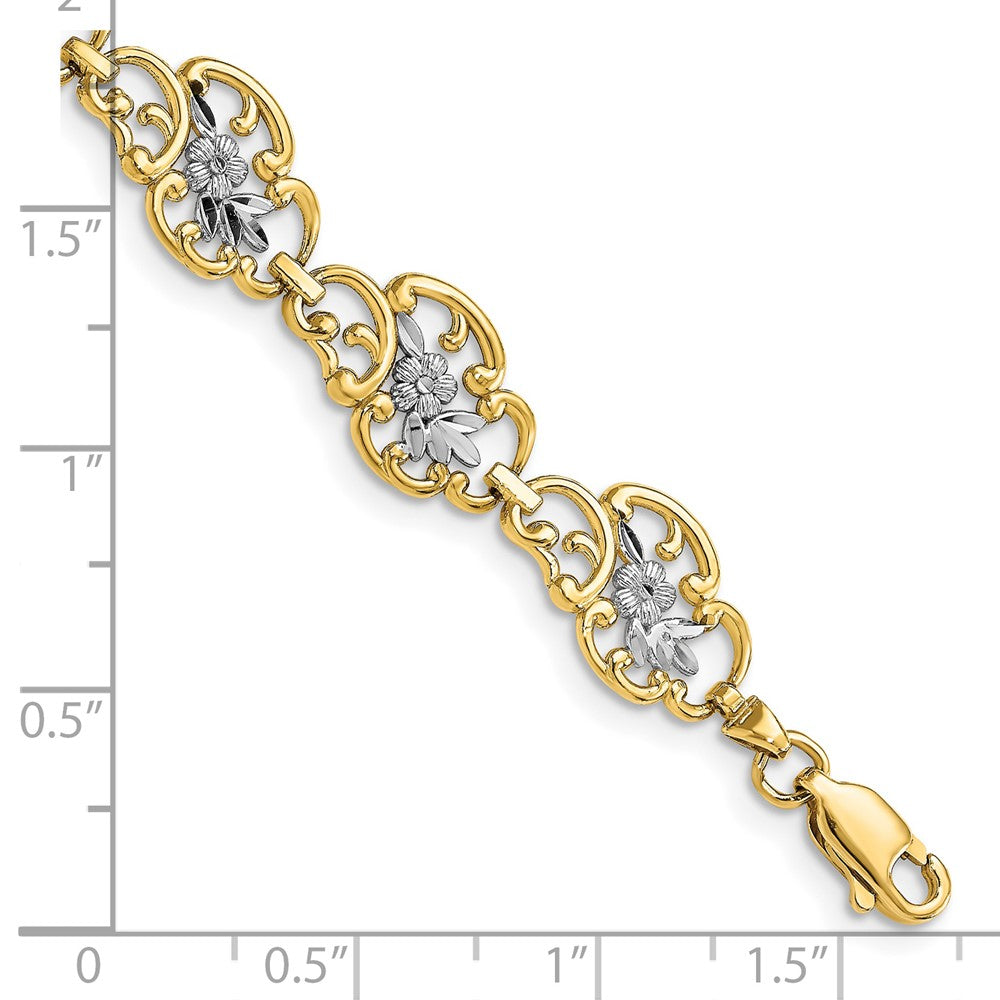 7.25 Inch 14K And White Rhodium Diamond-Cut Fancy Bracelet