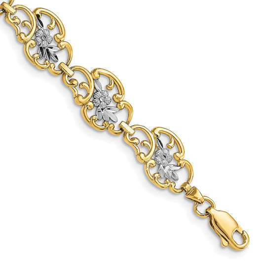 7.25 Inch 14K And White Rhodium Diamond-Cut Fancy Bracelet