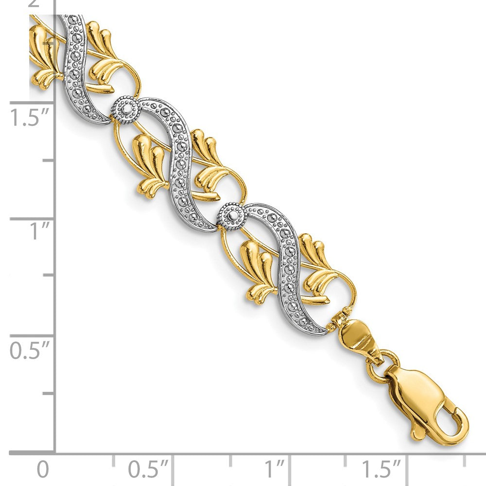 7.5 Inch 14K And White Rhodium Diamond-Cut Fancy Link Bracelet