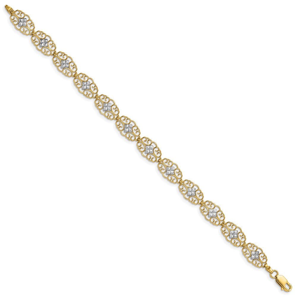 7.25 Inch 14K And White Rhodium Diamond-Cut Fancy Bracelet