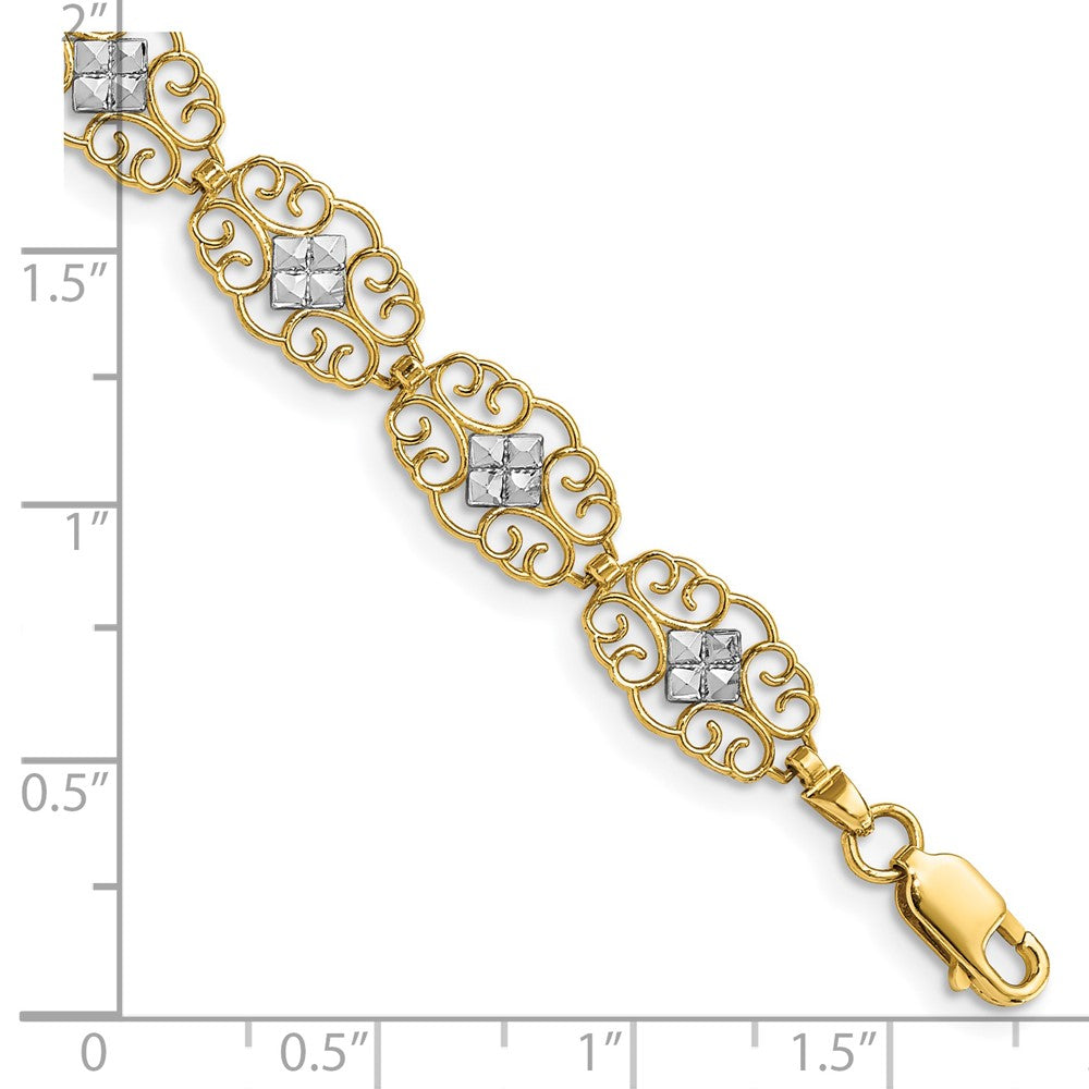 7.25 Inch 14K And White Rhodium Diamond-Cut Fancy Bracelet
