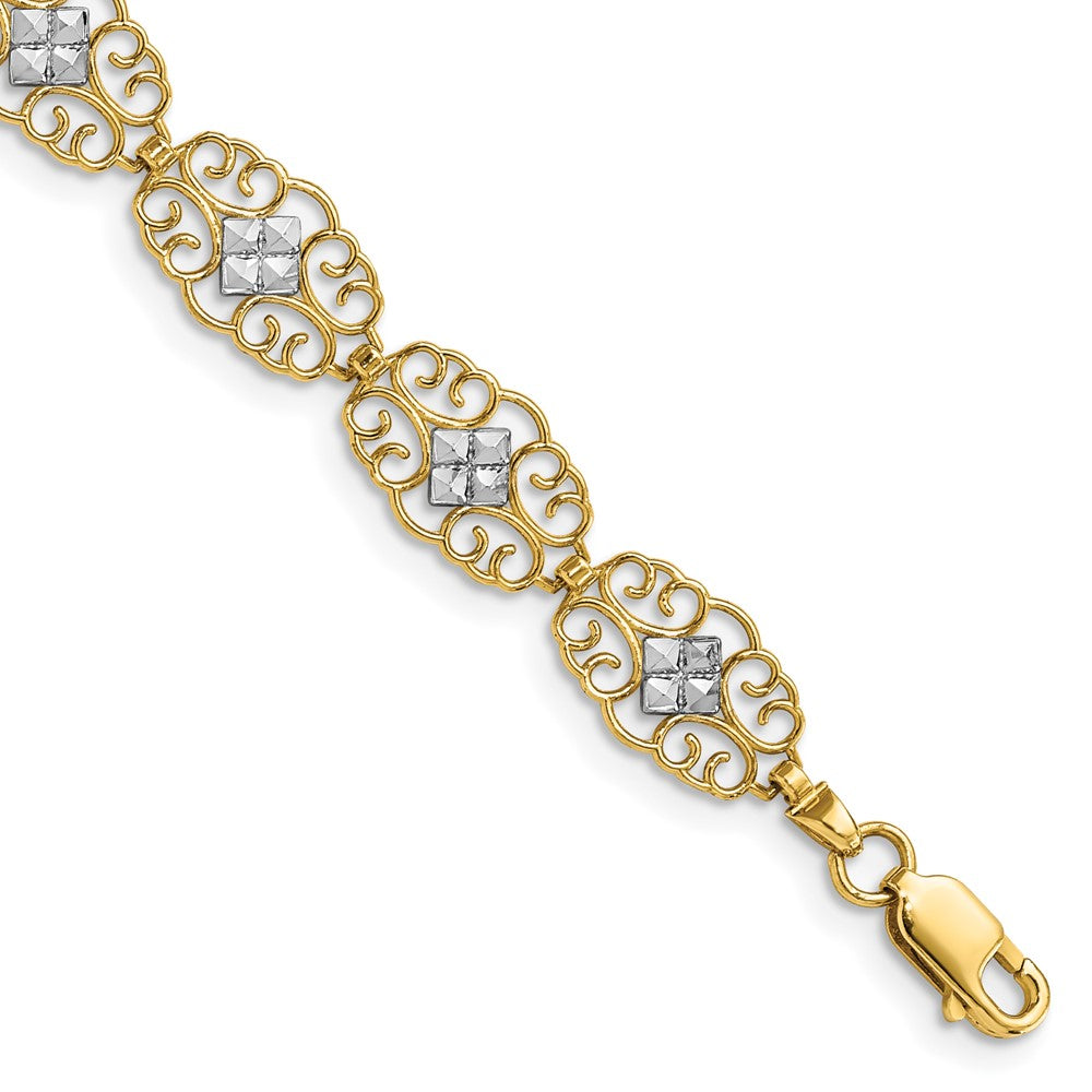 7.25 Inch 14K And White Rhodium Diamond-Cut Fancy Bracelet