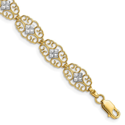 7.25 Inch 14K And White Rhodium Diamond-Cut Fancy Bracelet