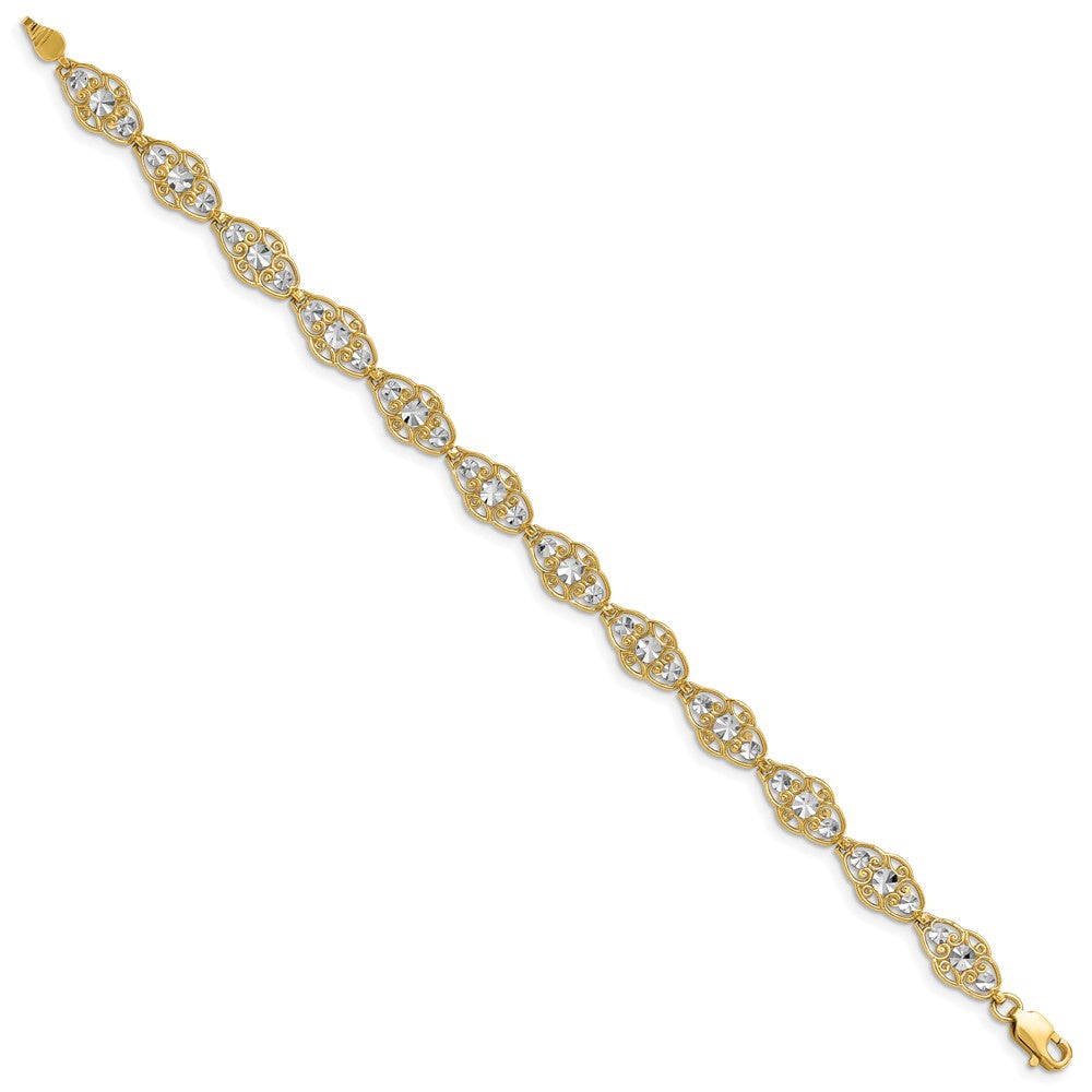 7.25 Inch 14K And White Rhodium Diamond-Cut Fancy Bracelet