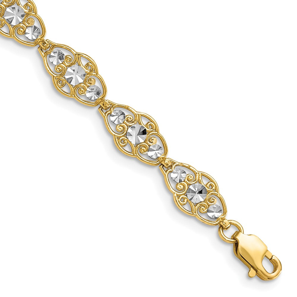 7.25 Inch 14K And White Rhodium Diamond-Cut Fancy Bracelet