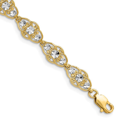 7.25 Inch 14K And White Rhodium Diamond-Cut Fancy Bracelet