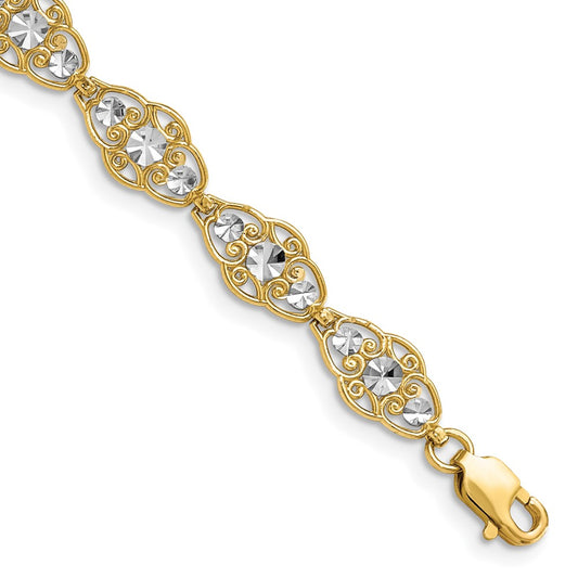 7.25 Inch 14K And White Rhodium Diamond-Cut Fancy Bracelet