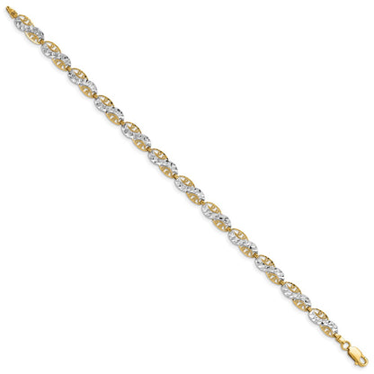 7.5 Inch 14K And White Rhodium Diamond-Cut Filigree Link Bracelet