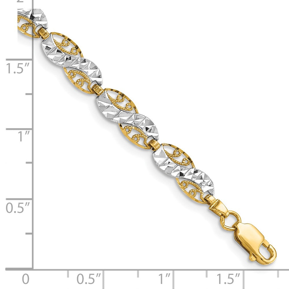 7.5 Inch 14K And White Rhodium Diamond-Cut Filigree Link Bracelet