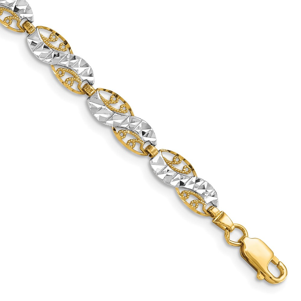 7.5 Inch 14K And White Rhodium Diamond-Cut Filigree Link Bracelet