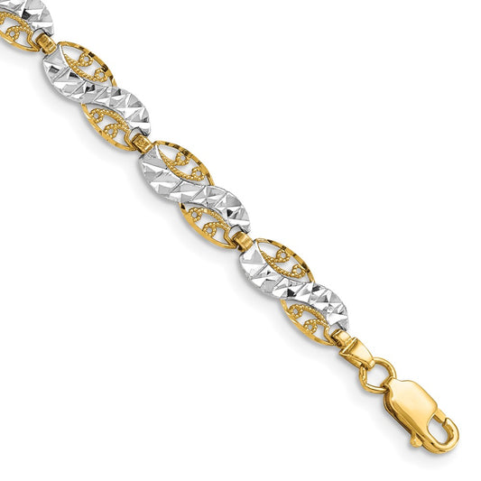 7.5 Inch 14K And White Rhodium Diamond-Cut Filigree Link Bracelet