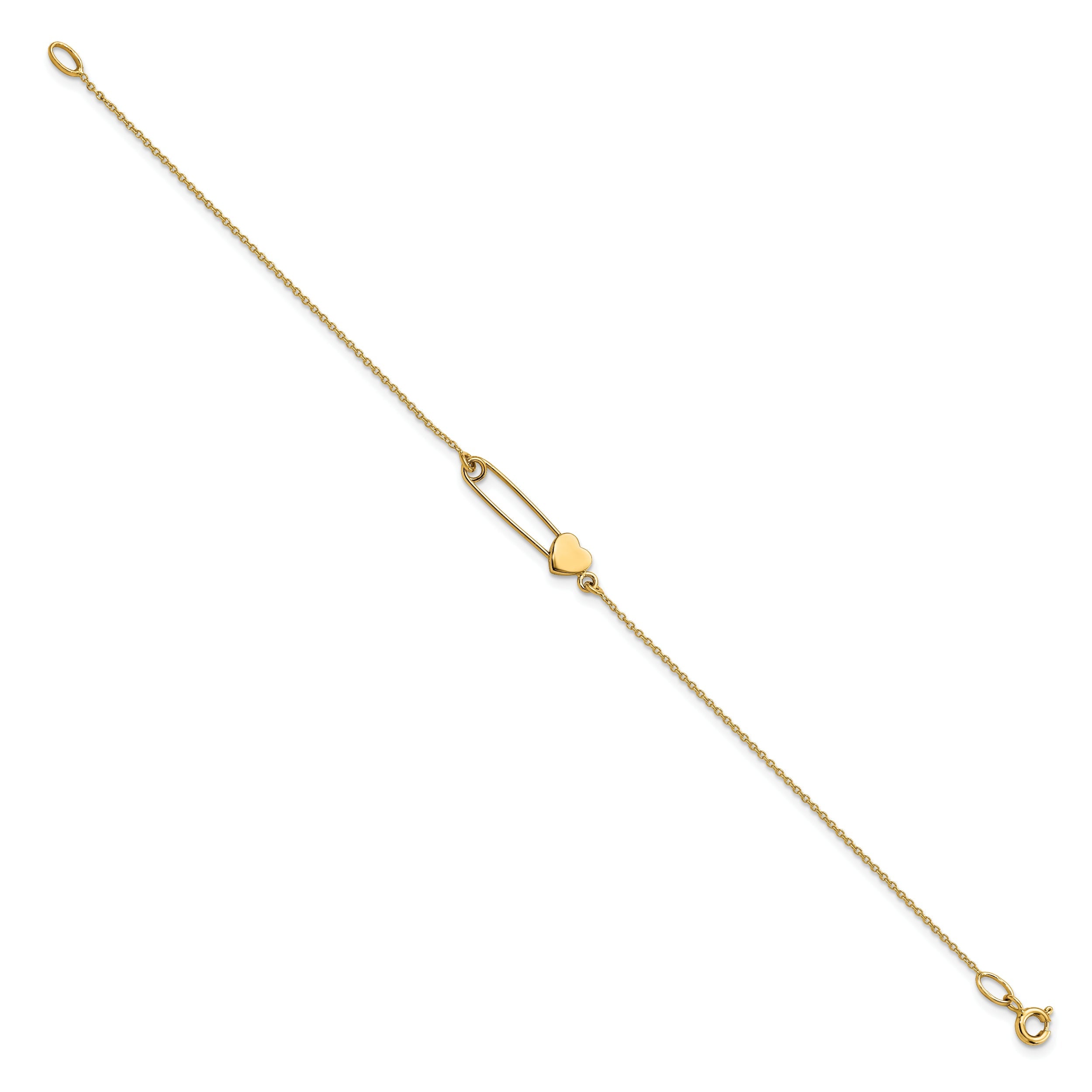 14K Yellow Gold Safety Pin With Heart Bracelet