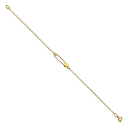 14K Yellow Gold Safety Pin With Heart Bracelet