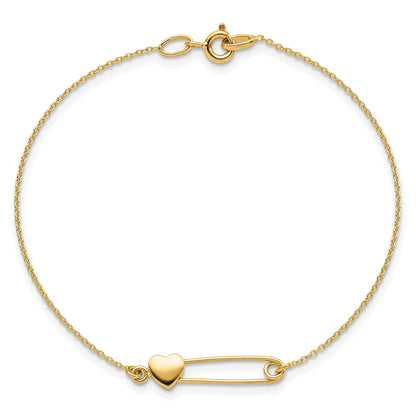 14K Yellow Gold Safety Pin With Heart Bracelet