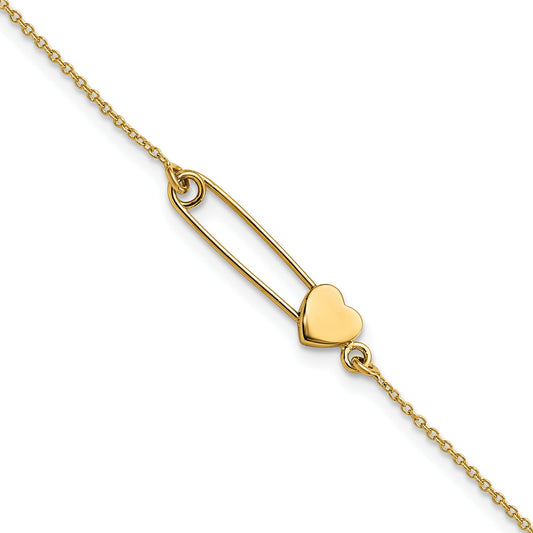 14K Yellow Gold Safety Pin With Heart Bracelet