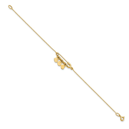 14K Yellow Gold Safety Pin With Dangle Hearts Bracelet