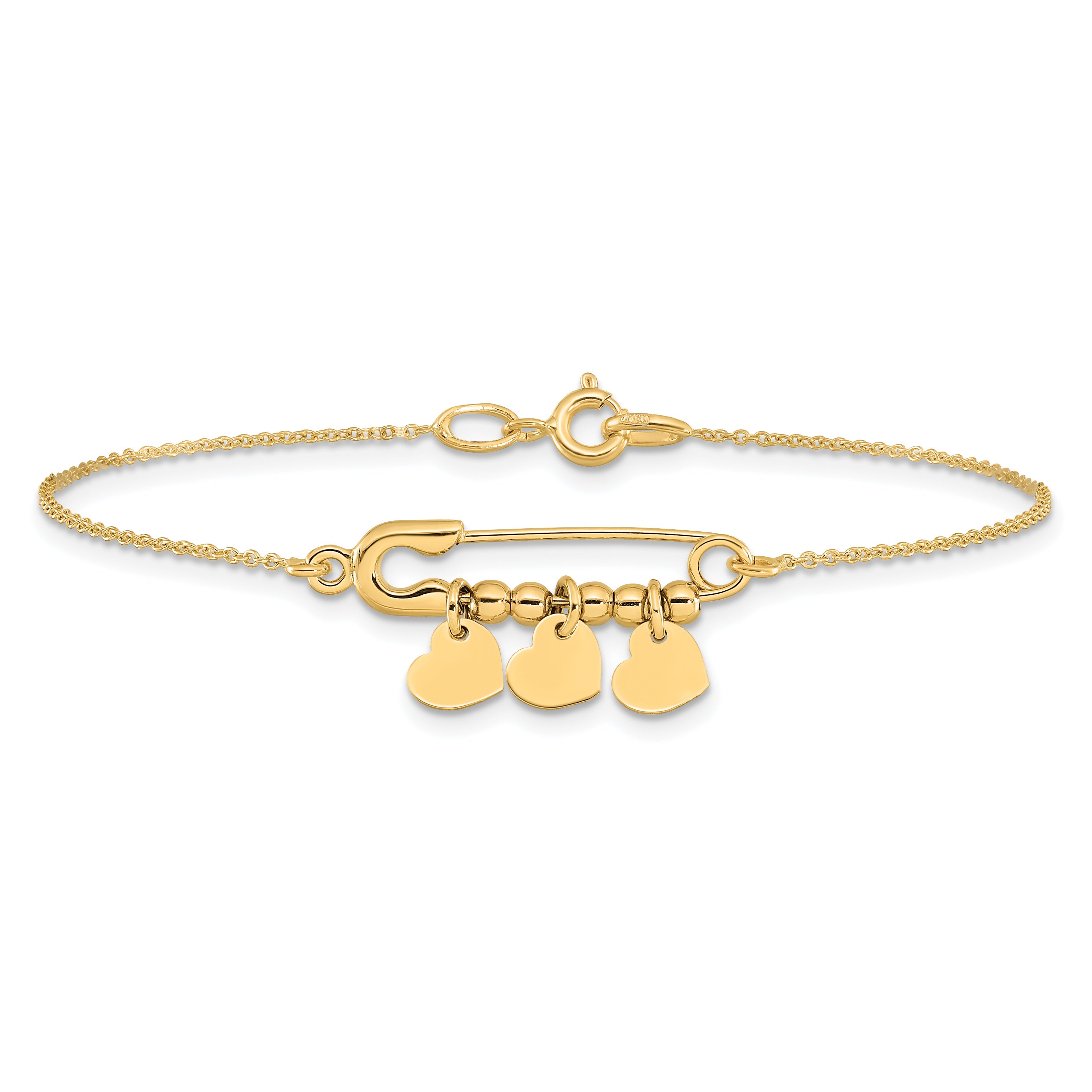 14K Yellow Gold Safety Pin With Dangle Hearts Bracelet