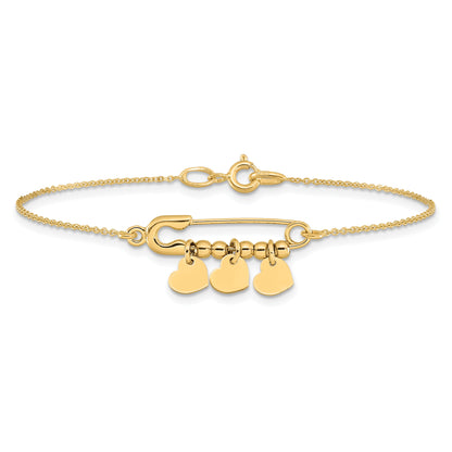 14K Yellow Gold Safety Pin With Dangle Hearts Bracelet