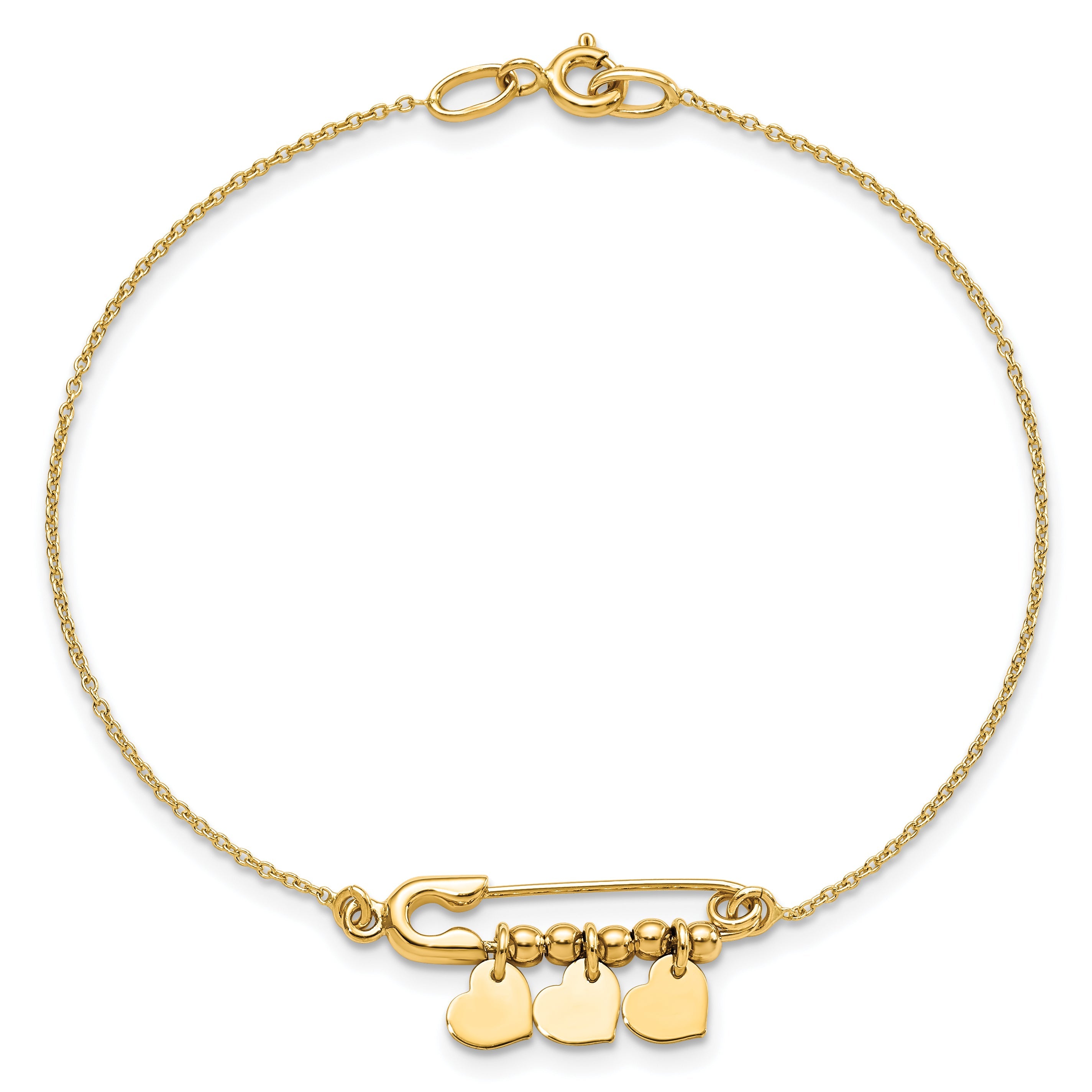 14K Yellow Gold Safety Pin With Dangle Hearts Bracelet
