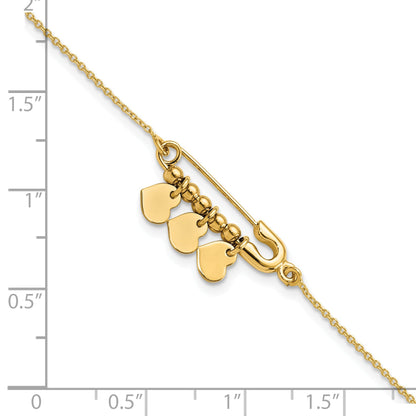 14K Yellow Gold Safety Pin With Dangle Hearts Bracelet