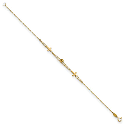 14K Yellow Gold Polished Double Strand Cross 7.5In Bracelet