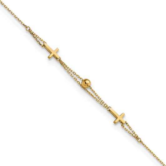 14K Yellow Gold Polished Double Strand Cross 7.5In Bracelet