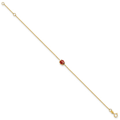 14K Yellow Gold Polished Enameled Ladybug 6.5In W/.75In Ext. Bracelet